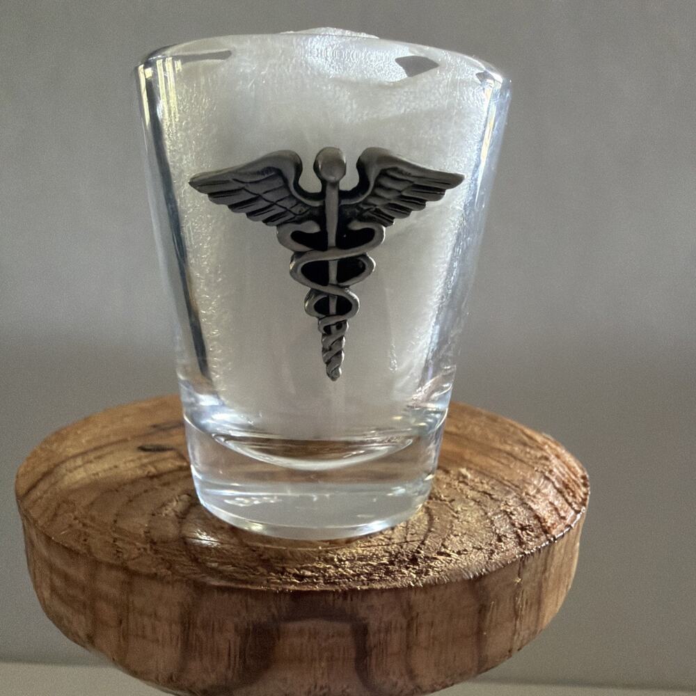 Shot Glass Pewter Caduceus Medallion Clear Glass Medical Insignia New Gift
